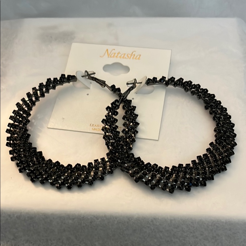 Natasha Couture Sparkling Black Hoop Earrings